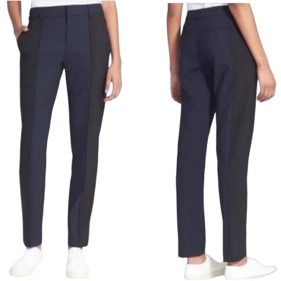 Vince Wool Tapered Two Tone Blue Black Seam Front Tuxedo Trousers - Picture 12 of 12